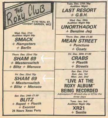 sham69ROXYgigFLYER FROMdecember 1977